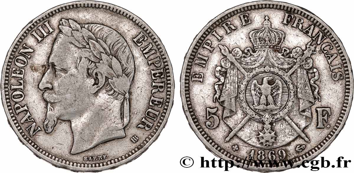 5 francs Napoléon III, tête laurée 1869 Strasbourg F.331/15 TB35 
