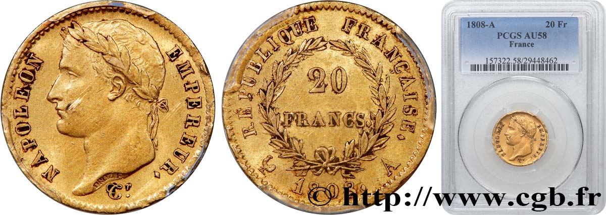 20 francs or Napoléon tête laurée, République française 1808 Paris F.515/2 VZ58 PCGS
