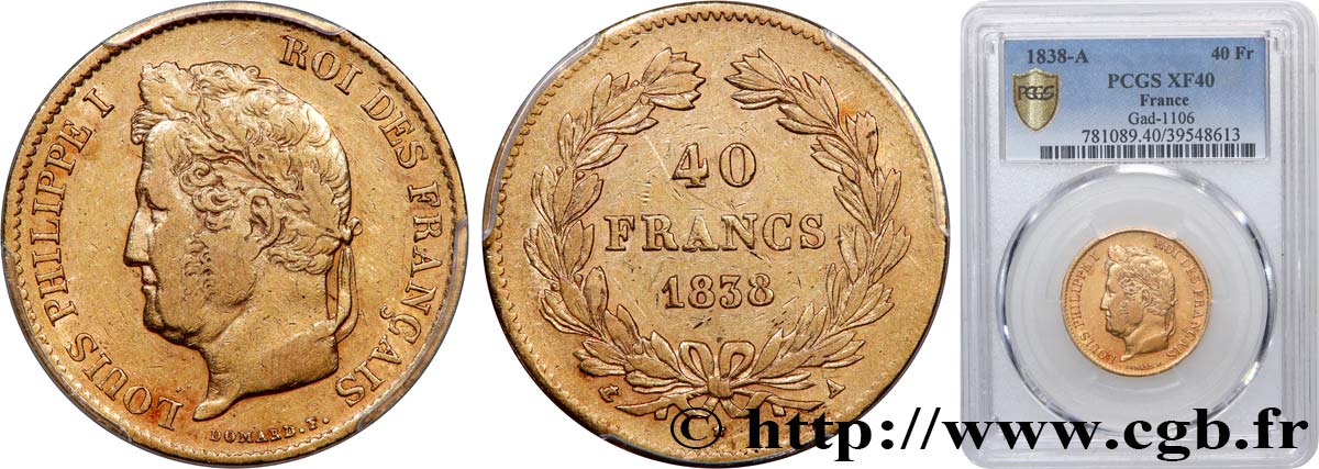 40 francs or Louis-Philippe 1838 Paris F.546/11 XF40 PCGS