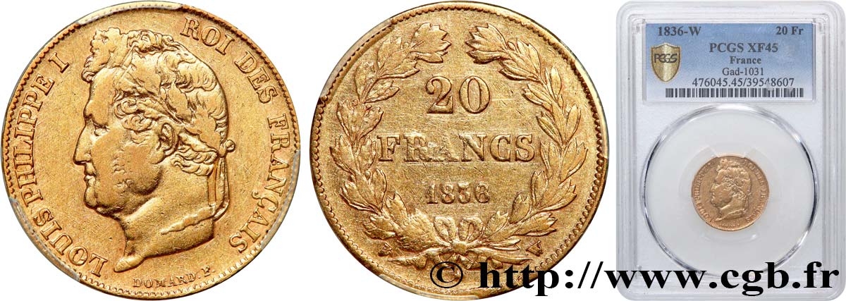 20 francs or Louis-Philippe, Domard 1836 Lille F.527/15 SS45 PCGS