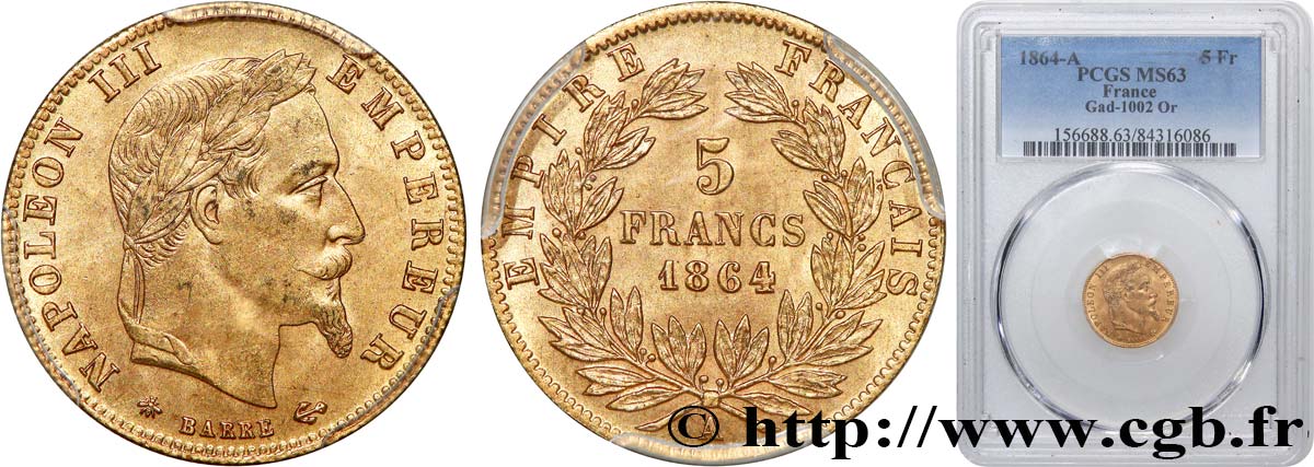 5 francs or Napoléon III, tête laurée 1864 Paris F.502/5 fST63 PCGS