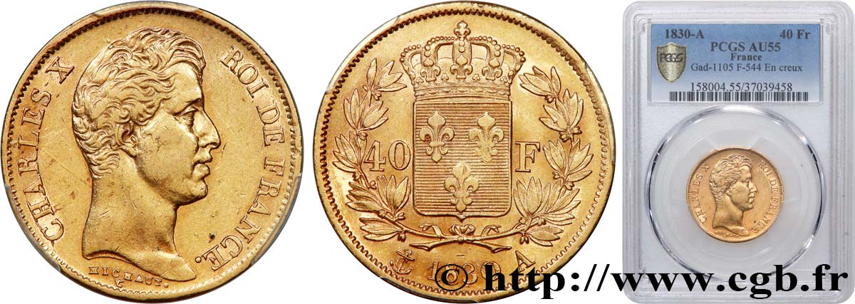 40 francs or Charles X, 2e type 1830 Paris F.544/5 AU55 PCGS