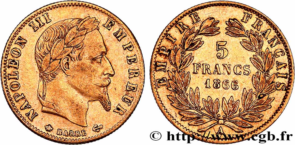 5 francs or Napoléon III, tête laurée 1866 Paris F.502/9 XF 