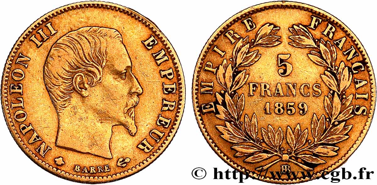 5 francs or Napoléon III, tête nue, grand module 1859 Strasbourg F.501/8 VF 