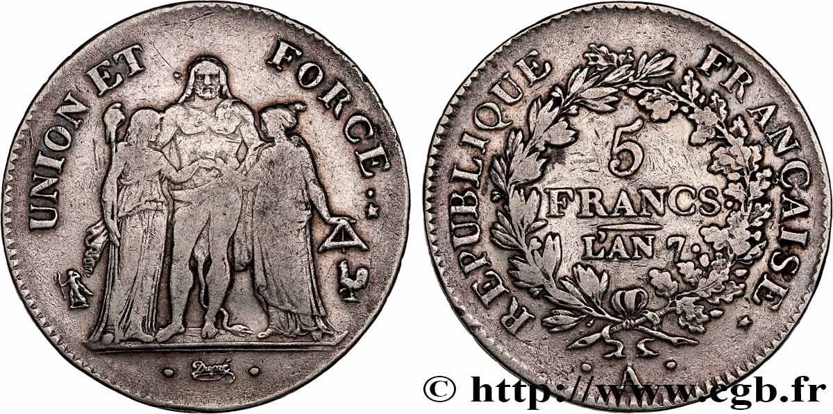 5 francs Union et Force, Union serré, seulement gland extérieur, petite feuille 1799 Paris F.288/99 VF 