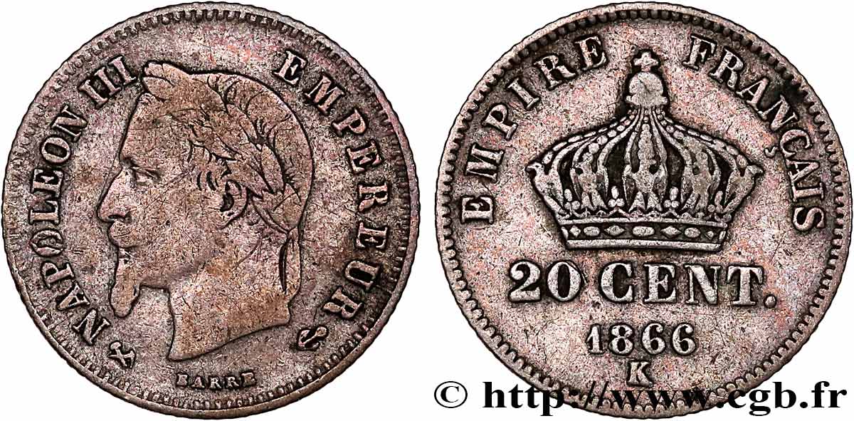 20 centimes Napoléon III, tête laurée, petit module 1866 Bordeaux F.149/6 VF 