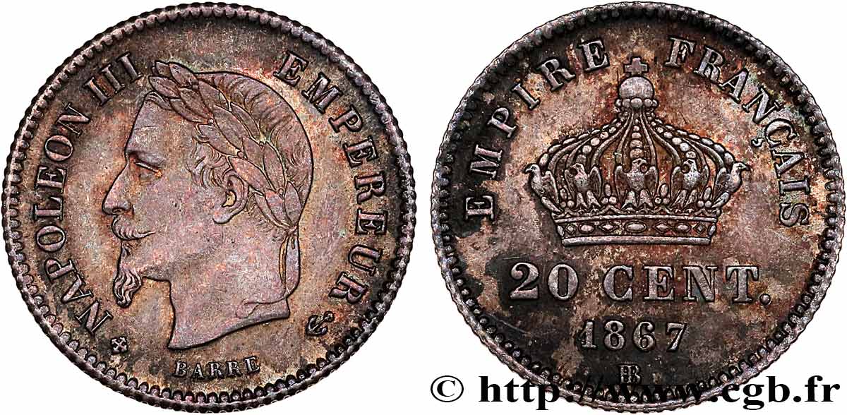 20 centimes Napoléon III, tête laurée, grand module 1867 Strasbourg F.150/2 TTB53 
