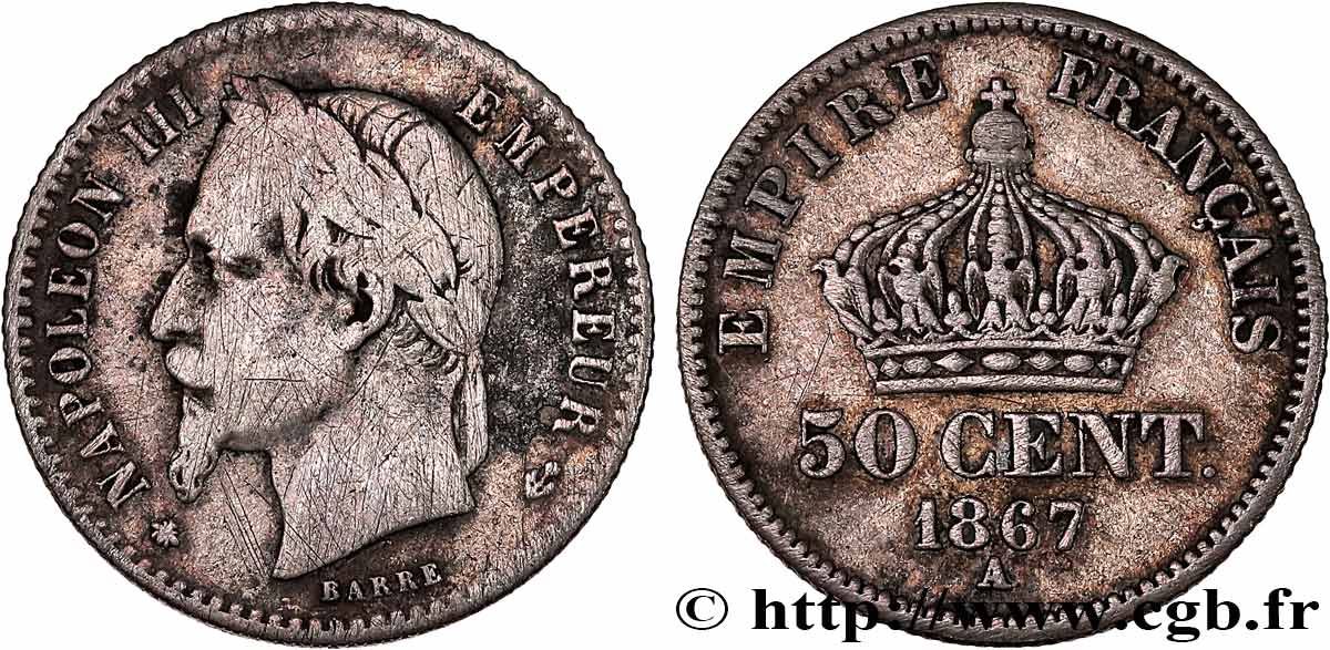 50 centimes Napoléon III, tête laurée 1867 Paris F.188/13 F 