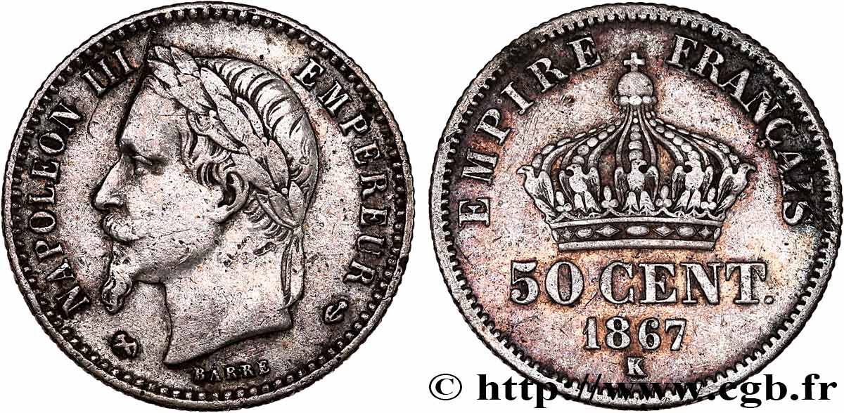 50 centimes Napoléon III, tête laurée 1867 Bordeaux F.188/19 BC+ 