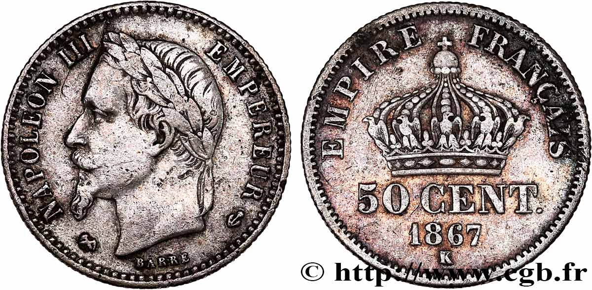 50 centimes Napoléon III, tête laurée 1867 Bordeaux F.188/19 TB+ 