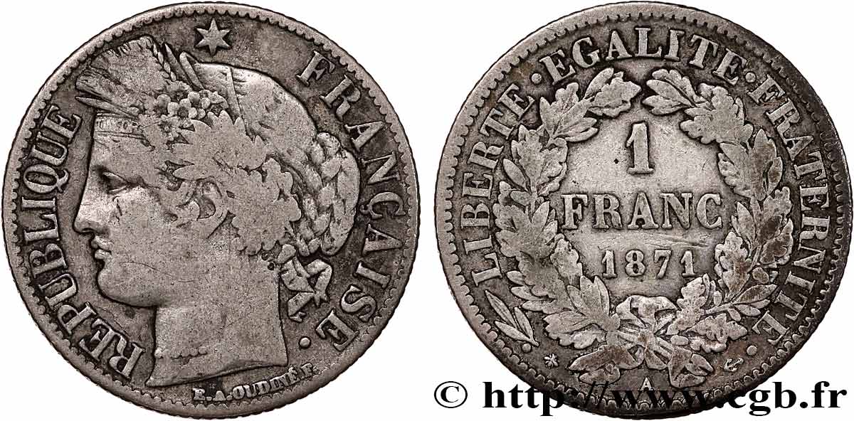 1 franc Cérès, IIIe République, petit A 1871 Paris F.216/2 MB20 