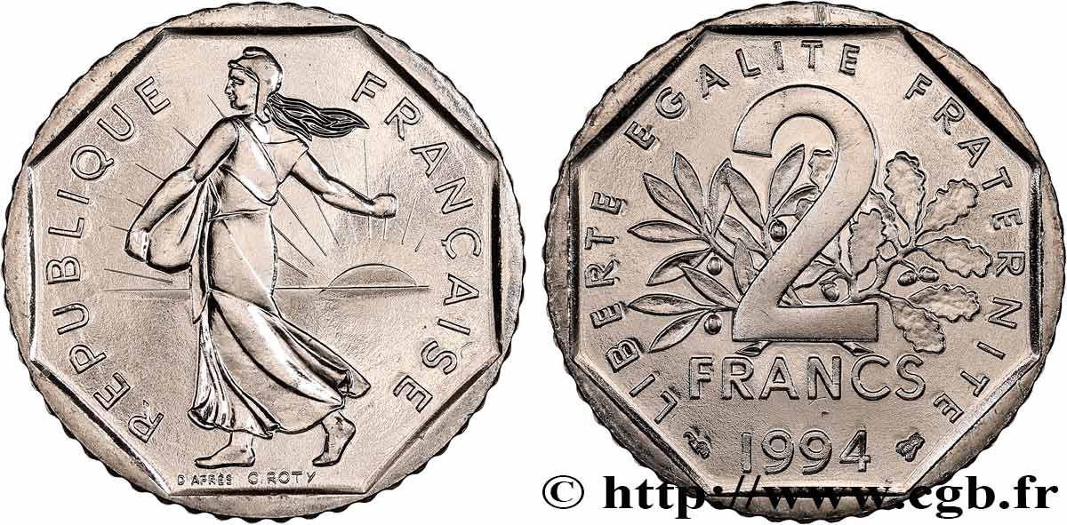 2 francs Semeuse, nickel, abeille 1994 Pessac F.272/22 MS 