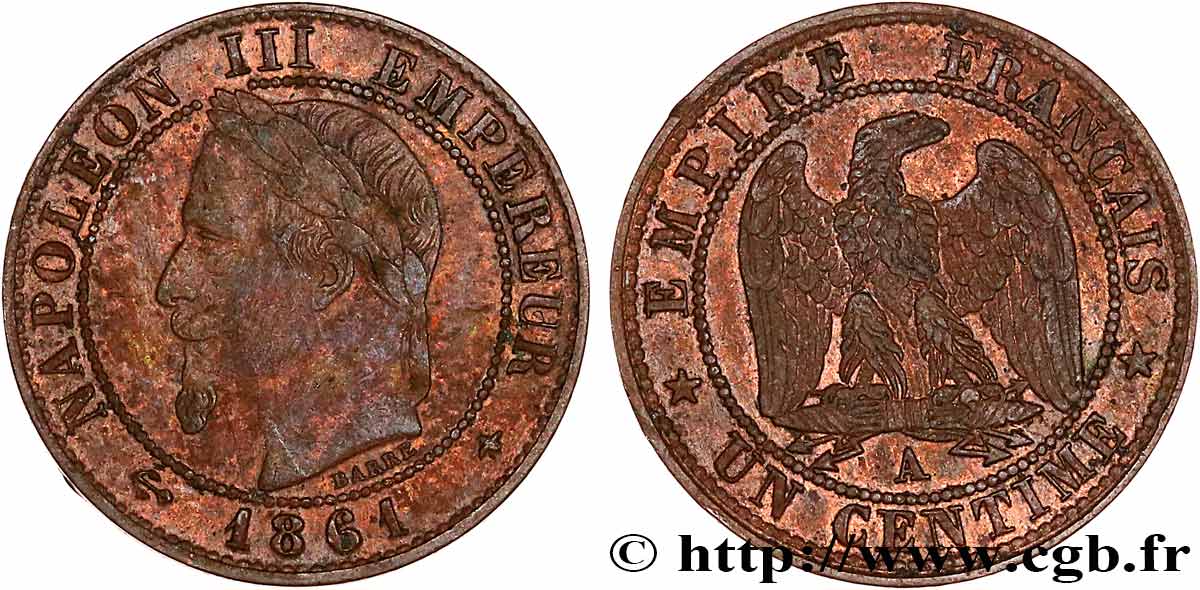 Un centime Napoléon III, tête laurée 1861 Paris F.103/1 TB35 