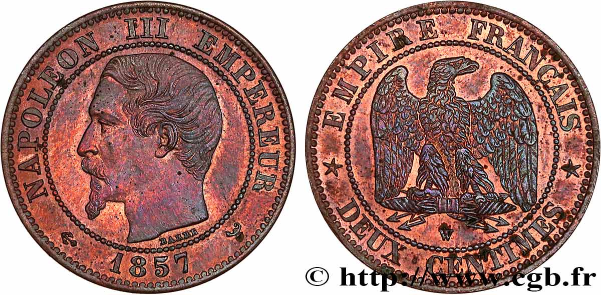Deux centimes Napoléon III, tête nue 1857 Lille F.107/51 VZ60 