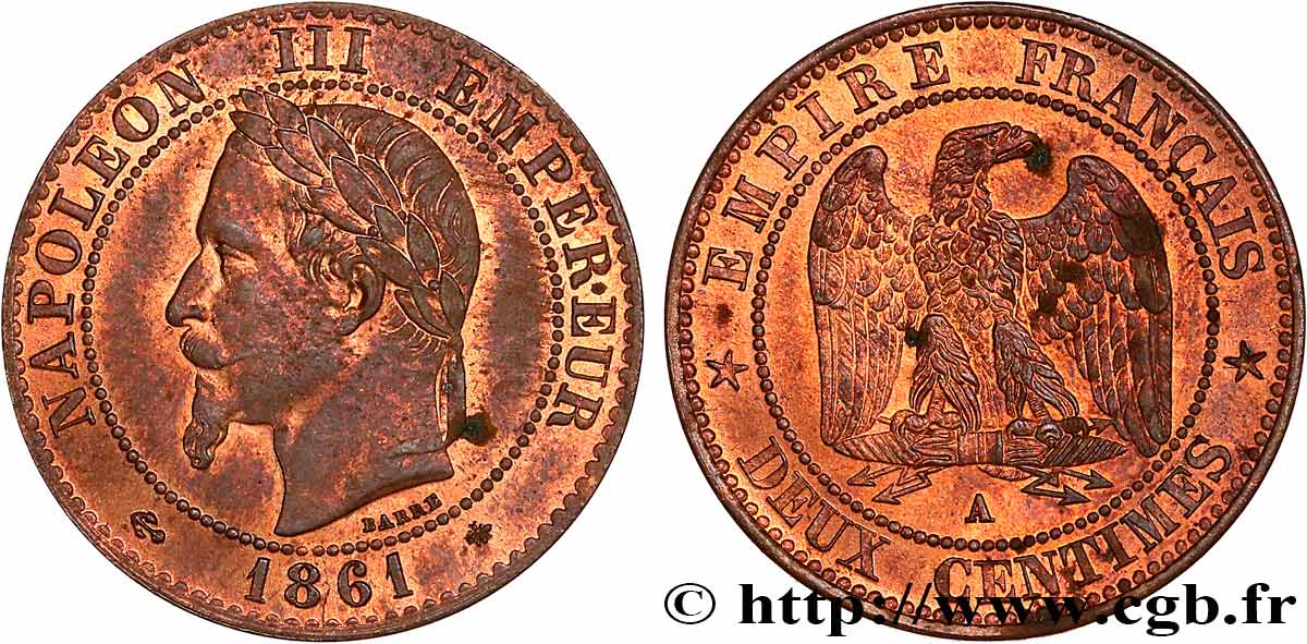 Deux centimes Napoléon III, tête laurée 1861 Paris F.108/1 SPL58 