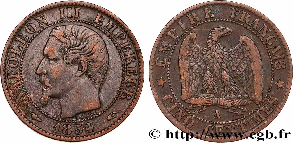 Cinq centimes Napoléon III, tête nue 1854 Paris F.116/8 BB40 