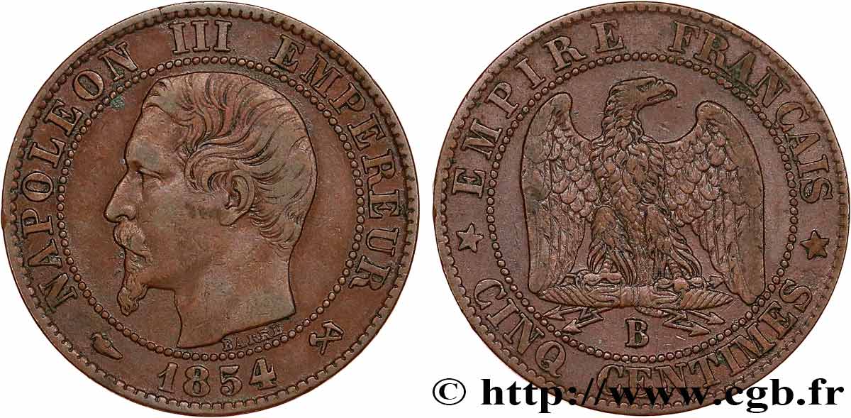 Cinq centimes Napoléon III, tête nue 1854 Rouen F.116/9 XF40 