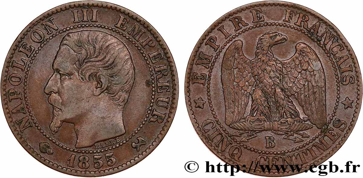 Cinq centimes Napoléon III, tête nue 1855 Rouen F.116/19 MBC40 