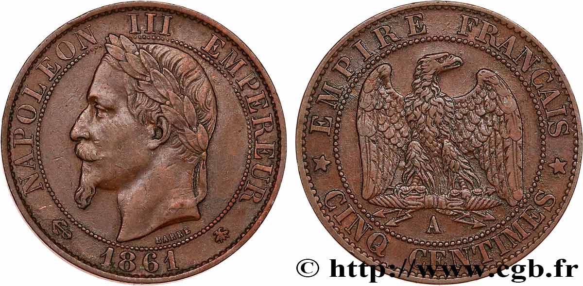 Cinq centimes Napoléon III, tête laurée 1861 Paris F.117/2 BB45 