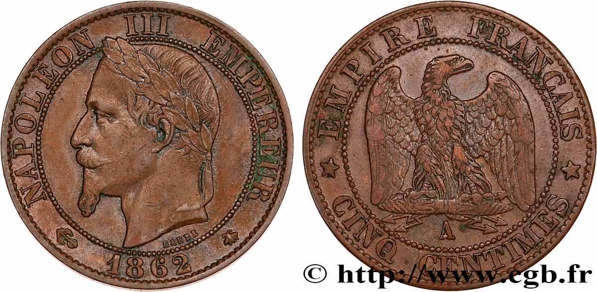 Cinq centimes Napoléon III, tête laurée 1862 Paris F.117/7 MBC45 