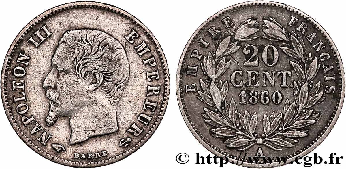 20 centimes Napoléon III, tête nue 1860 Paris F.148/13 VF 