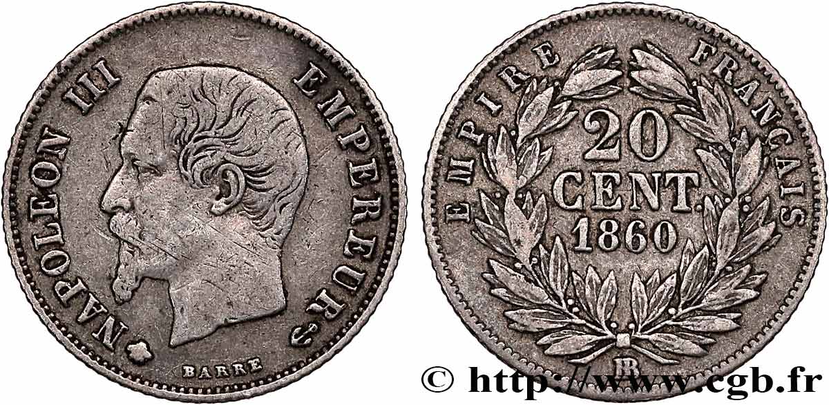 20 centimes Napoléon III, tête nue 1860 Strasbourg F.148/16 MB 