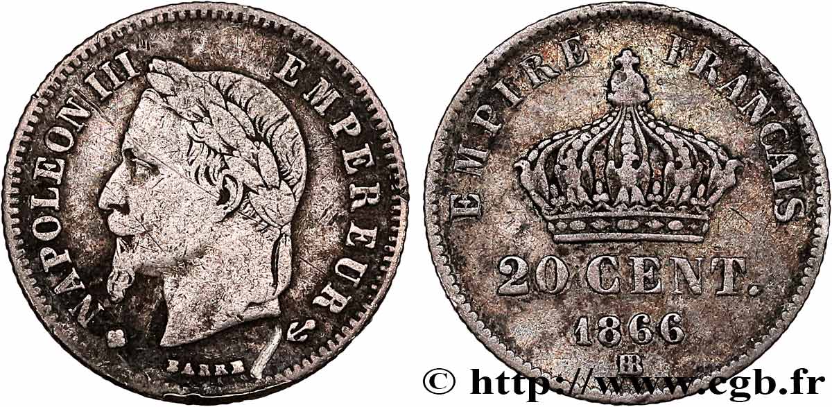 20 centimes Napoléon III, tête laurée, petit module 1866 Strasbourg F.149/5 VF 