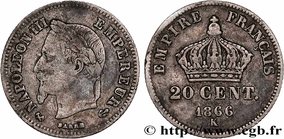 20 centimes Napoléon III, tête laurée, petit module 1866 Bordeaux F.149/6 B+ 