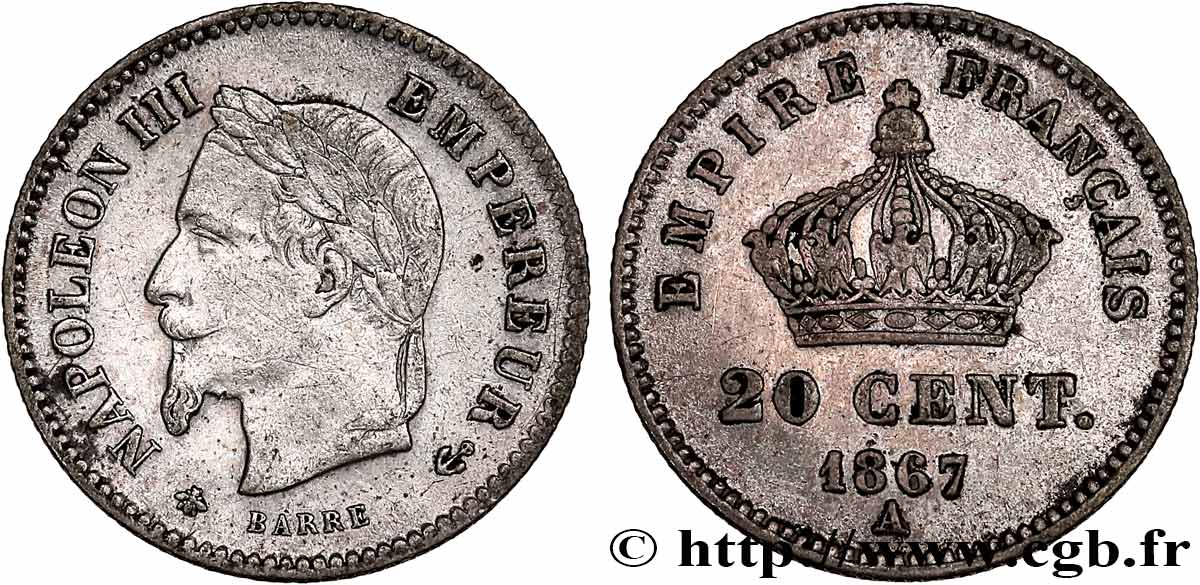 20 centimes Napoléon III, tête laurée, grand module 1867 Paris F.150/1 MBC 