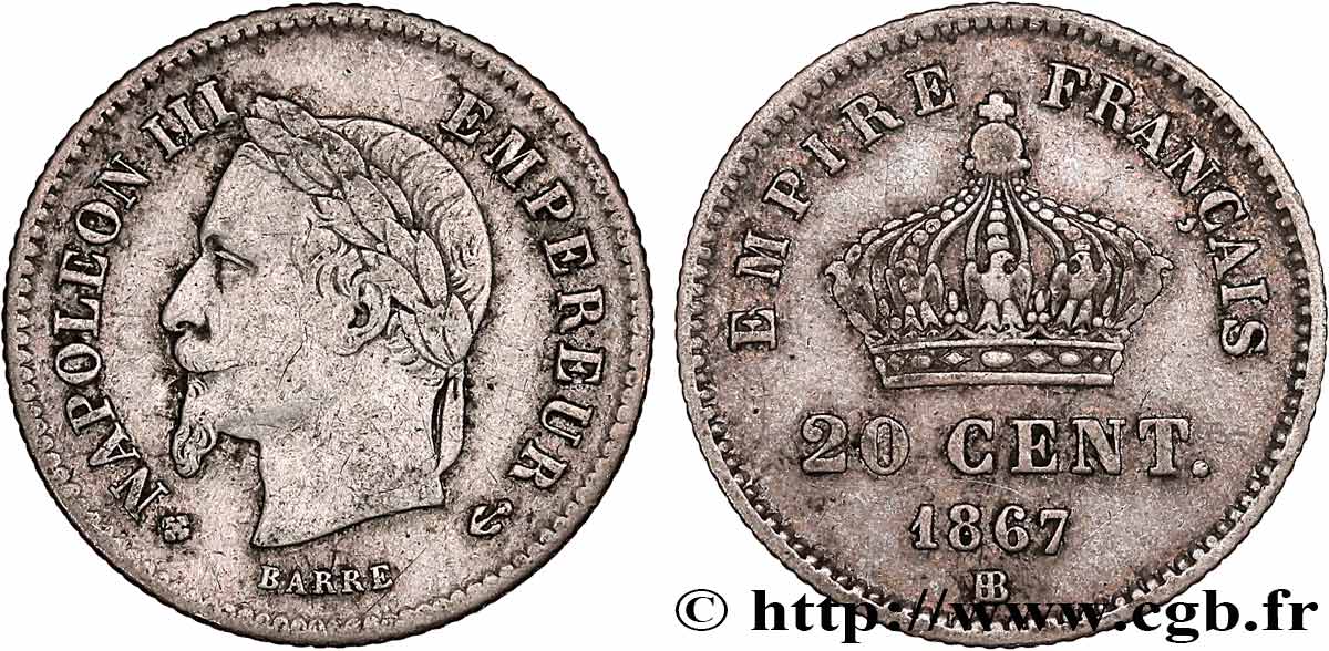 20 centimes Napoléon III, tête laurée, grand module 1867 Strasbourg F.150/2 VF35 