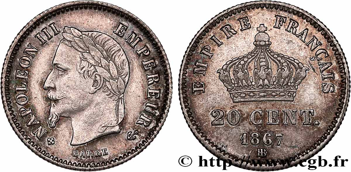 20 centimes Napoléon III, tête laurée, grand module 1867 Strasbourg F.150/2 AU 