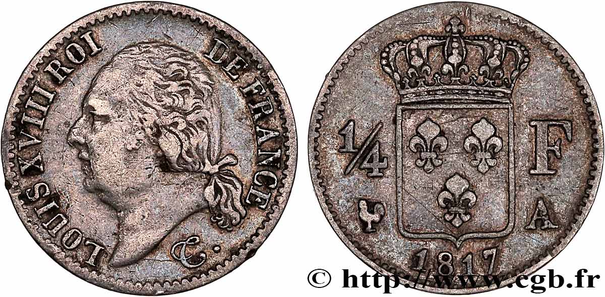 1/4 franc Louis XVIII  1817 Paris F.163/1 TB+ 