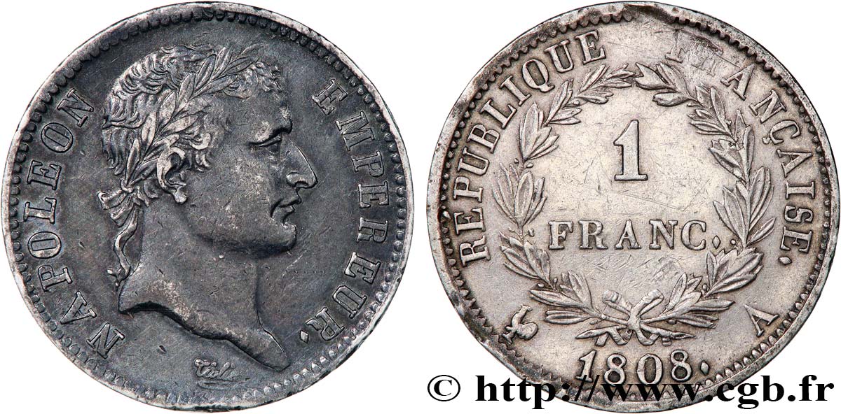 1 franc Napoléon Ier tête laurée, République française 1808 Paris F.204/2 XF 