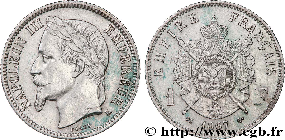 1 franc Napoléon III, tête laurée 1867 Bordeaux F.215/9 MBC+ 