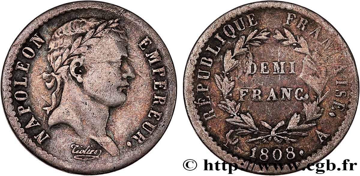 Demi-franc Napoléon Ier tête laurée, République française 1808 Paris F.177/2 VF 