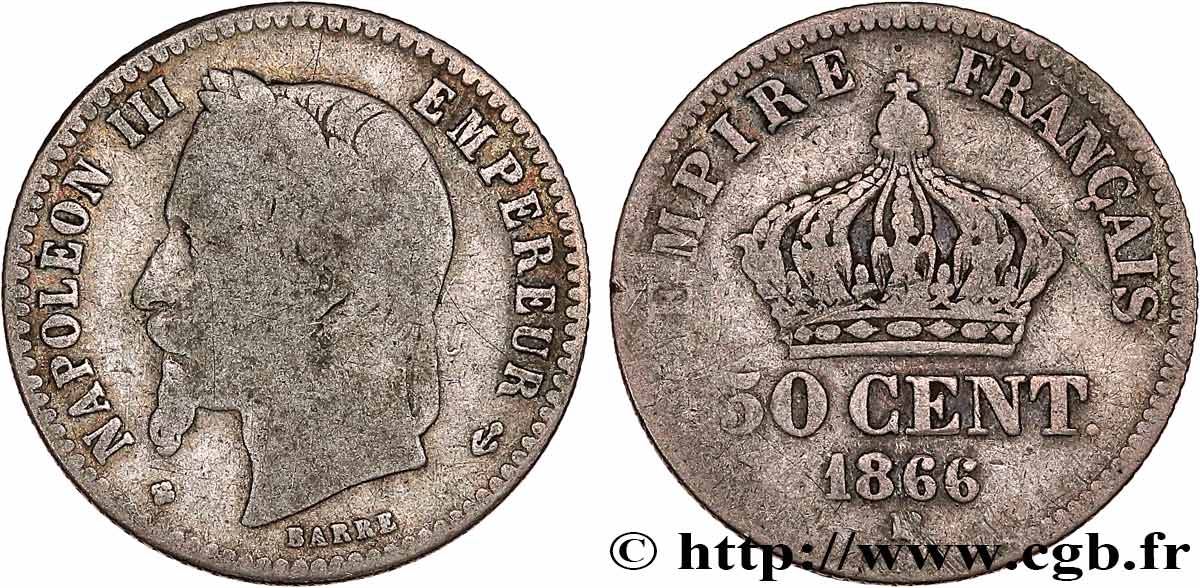 50 centimes Napoléon III, tête laurée 1866 Strasbourg F.188/10 B8 