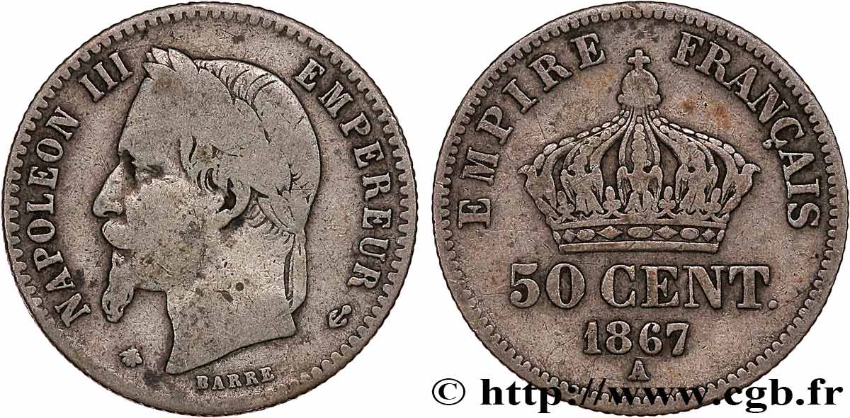 50 centimes Napoléon III, tête laurée 1867 Paris F.188/14 MB20 