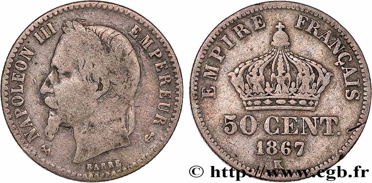 50 centimes Napoléon III, tête laurée 1867 Bordeaux F.188/17 RC+ 