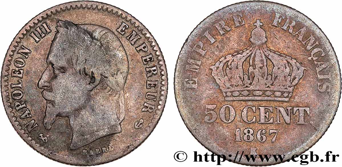 50 centimes Napoléon III, tête laurée 1867 Bordeaux F.188/18 B+ 