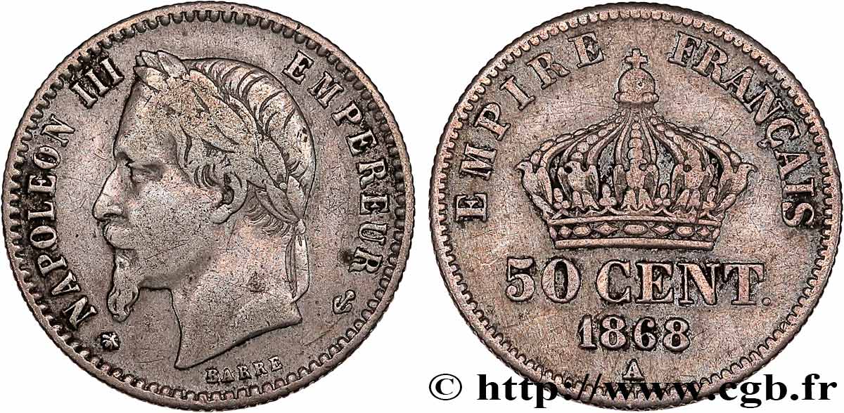 50 centimes Napoléon III, tête laurée 1868 Paris F.188/20 VF 