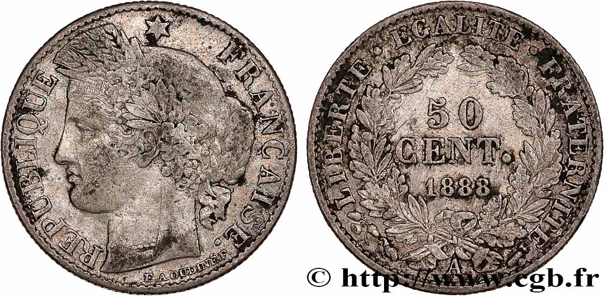 50 centimes Cérès, Troisième République 1888 Paris F.189/13 VF 