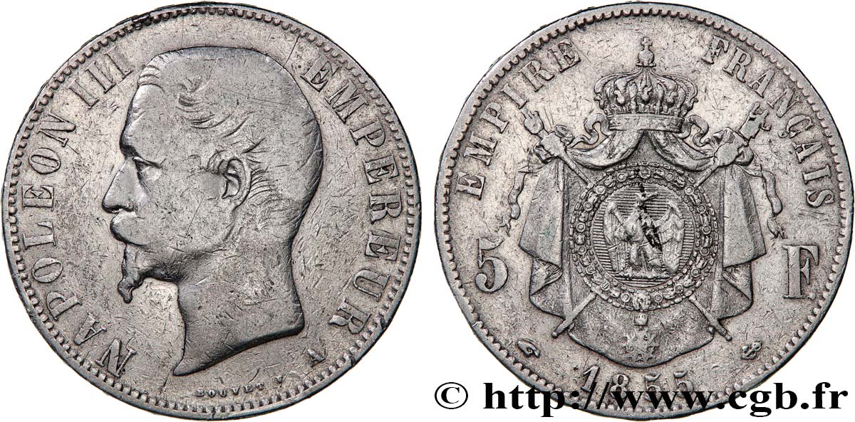 5 francs Napoléon III, tête nue 1855 Paris F.330/3 TB 