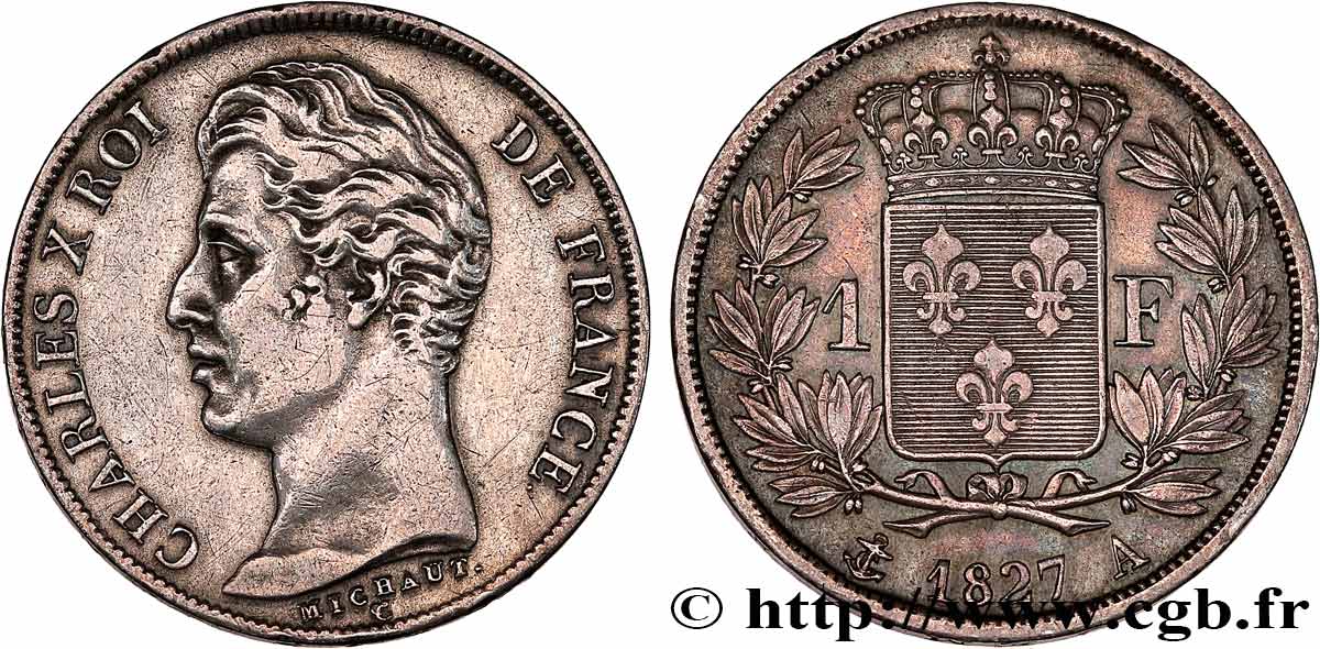 1 franc Charles X, matrice du revers à cinq feuilles 1827 Paris F.207/25 TTB 