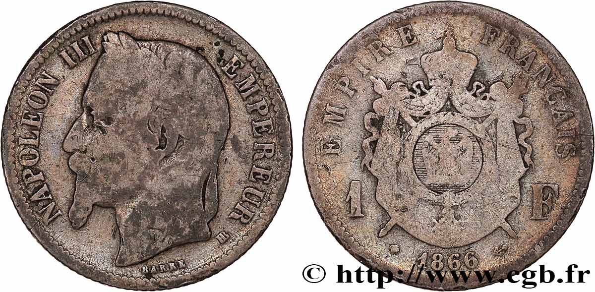 1 franc Napoléon III, tête laurée 1866 Strasbourg F.215/4 VG8 
