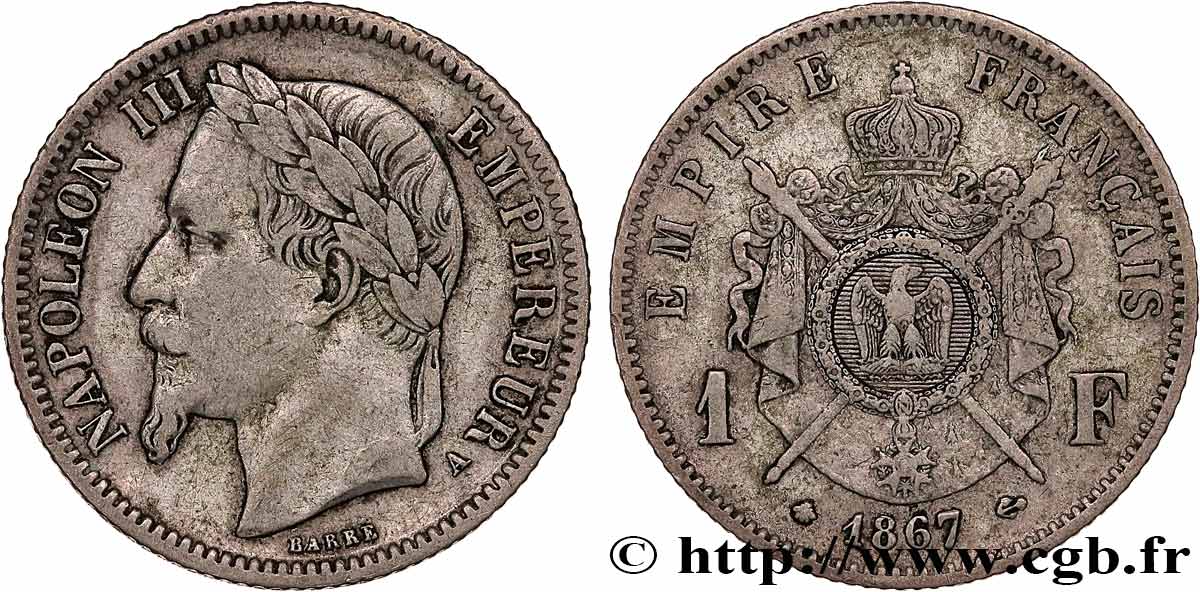 1 franc Napoléon III, tête laurée 1867 Paris F.215/6 TB35 