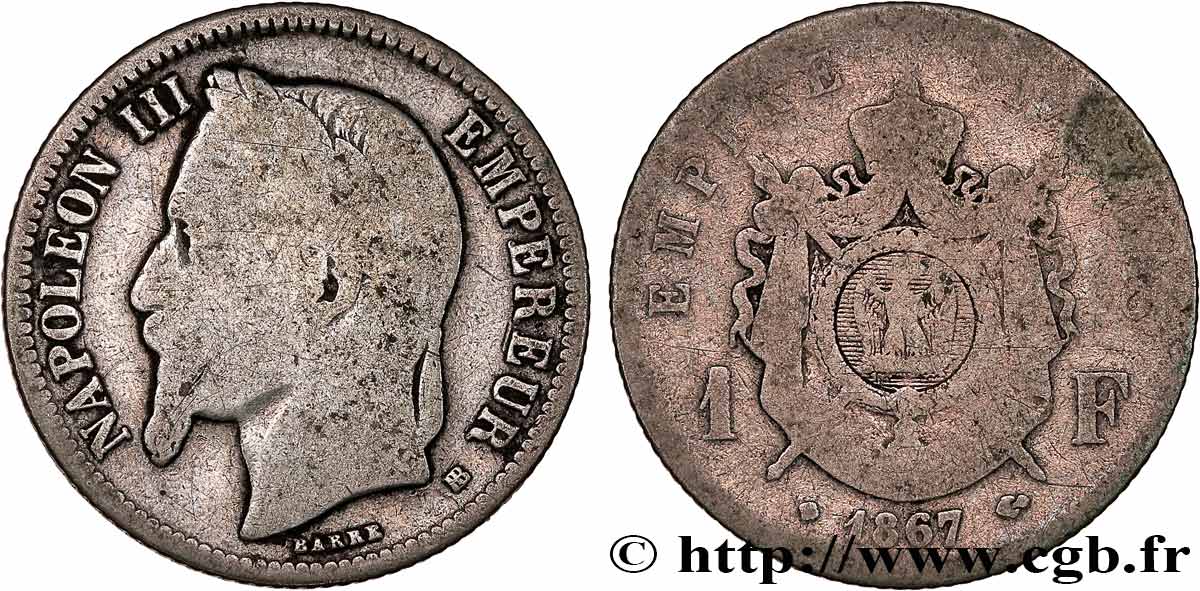 1 franc Napoléon III, tête laurée 1867 Strasbourg F.215/5 B8 