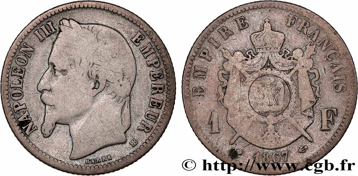 1 franc Napoléon III, tête laurée 1867 Strasbourg F.215/7 VG10 