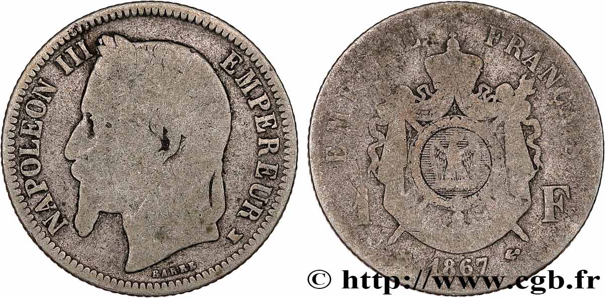 1 franc Napoléon III, tête laurée 1867 Bordeaux F.215/9 B8 