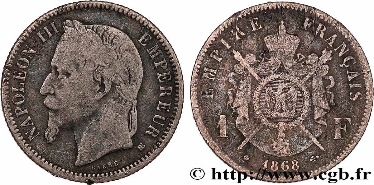 1 franc Napoléon III, tête laurée 1868 Strasbourg F.215/11 F12 