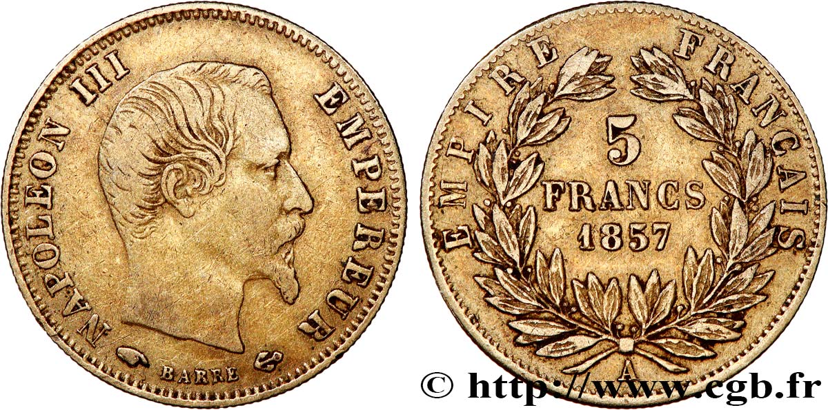 5 francs or Napoléon III, tête nue, grand module 1857 Paris F.501/4 VF 